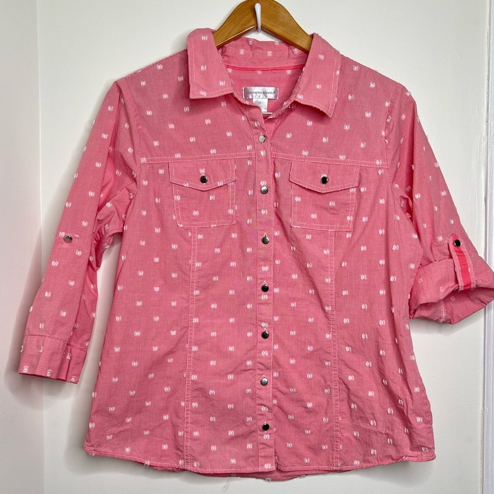 Christopher & Banks Button Down Blouse Top Women’s Medium Roll Tab Sleeves Swiss